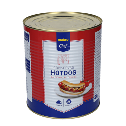 Mostrar detalhes para Salsichas Para Hot Dog Lata MAKRO CHEF 36un Imagem de Salsichas Para Hot Dog Lata MAKRO CHEF 36un