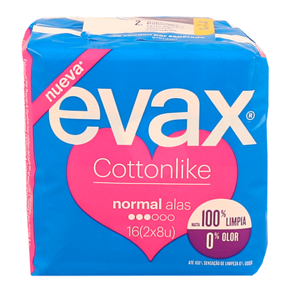 Mostrar detalhes para Pensos Higiénicos Cottonlike Normal Com Abas EVAX 16un Imagem de Pensos Higiénicos Cottonlike Normal Com Abas EVAX 16un