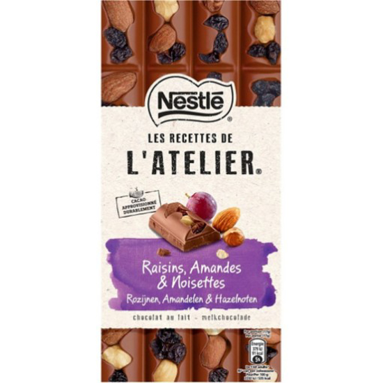 Imagem de Tablete Chocolate Leite Passas, Avelãs e Amêndoas Les Recettes de L'Atelier NESTLÉ emb.170g