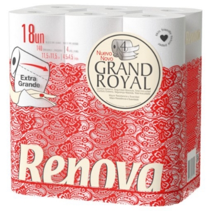 Mostrar detalhes para Papel Higiénico 4 Folhas Grand Royal RENOVA 18rolos Imagem de Papel Higiénico 4 Folhas Grand Royal RENOVA 18rolos