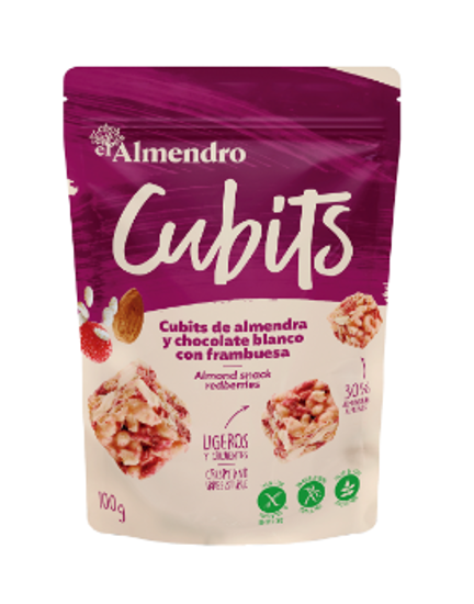 Imagem de Cubits de Chocolate Branco Com Framboesa e Amêndoa ALMENDRO 100g