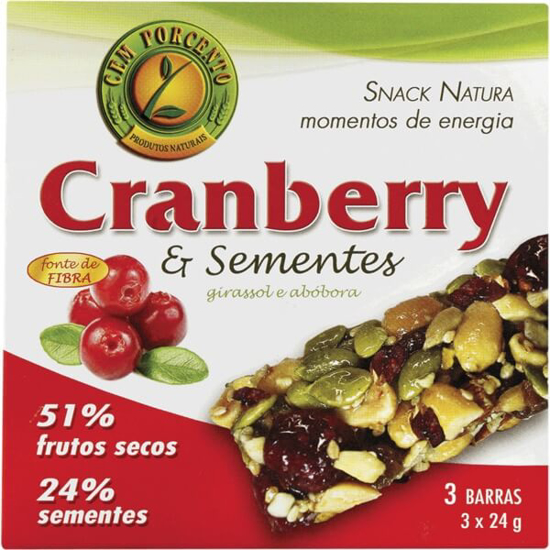 Imagem de Barra com Cranberry e Sementes CEM PORCENTO Pack 3 emb.72g