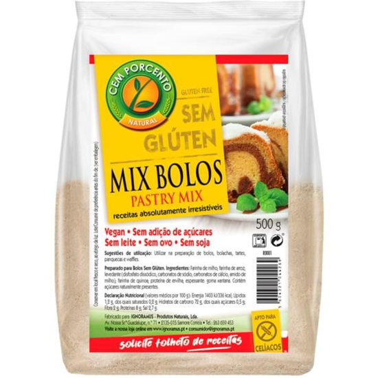 Imagem de Preparado Mix Bolos Vegan, sem Adição de Açúcares, sem Leite, sem Ovo e sem Glúten CEM PORCENTO emb.500g