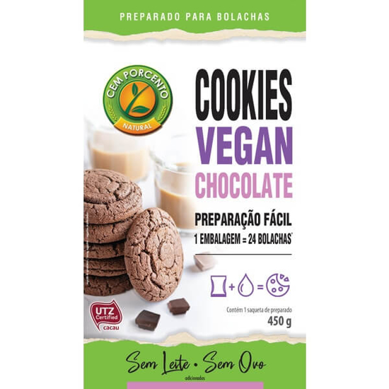 Imagem de Preparado para Bolachas Cookies de Chocolate Vegan sem Ovo e sem Leite CEM PORCENTO emb.450g