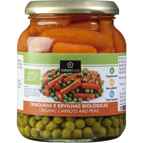 Imagem de Cenouras e Ervilhas sem Glúten Biológicas NATUREFOODS frasco 340g