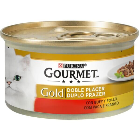 Imagem de Gold Comida Húmida para Gato Duplo Prazer com Carne de Vaca e Frango GOURMET lata 85g