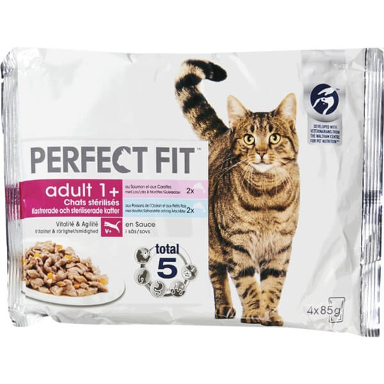 Imagem de Comida Húmida para Gato Adulto 1+ Anos de Salmão e Peixe PERFECT FIT Pack 4 emb.340g