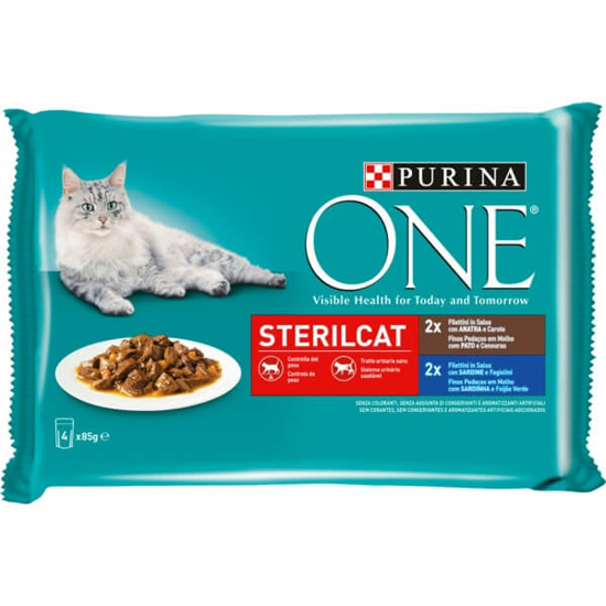 Imagem de Comida Húmida para Gato 2 de Pato e Cenouras 2 de Sardinha e Feijão Verde PURINA ONE Pack 4 emb.85g