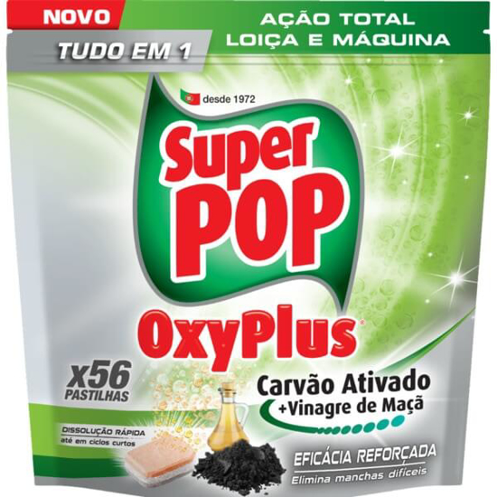 Imagem de Detergente para a Máquina da Loiça Carvão Ativado + Vinagre de Maçã SUPER POP OXY PLUS emb.56 pastilhas