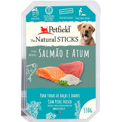 Mostrar detalhes para Snack para Cão Sticks de Salmão e Atum sem Glúten PETFIELD emb.350g Imagem de Snack para Cão Sticks de Salmão e Atum sem Glúten PETFIELD emb.350g