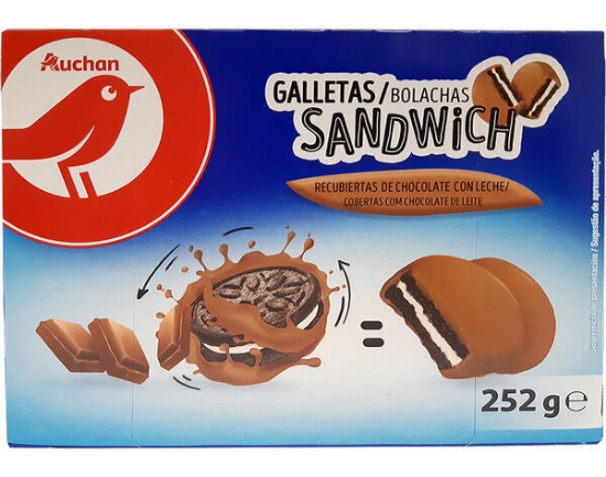 Imagem de Bolacha AUCHAN Sandwich Cobertas Com Chocolate Leite 252g