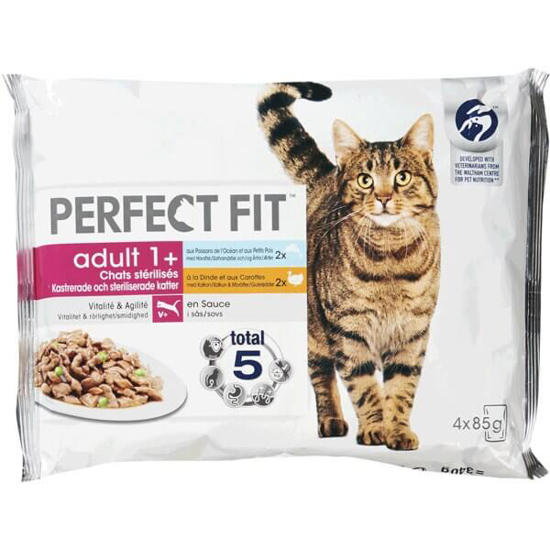 Imagem de Alimento Húmido para Gato Adulto 1+ Anos de Peixe e Peru PERFECT FIT Pack 4 emb.340g