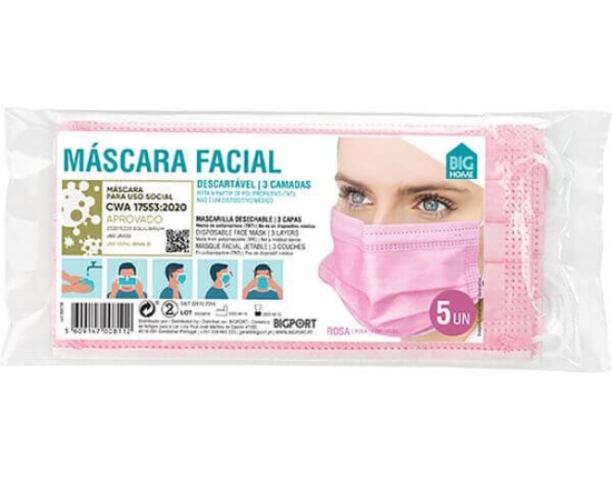 Imagem de Mascara Protecao Respiratoria Descartavel Rosa BIGHOME 5un