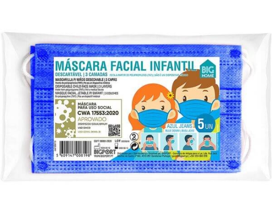 Imagem de Mascara Protecao Respiratoria Descartavel Inf Azul BIGHOME 5un