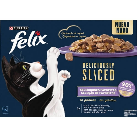 Imagem de Alimento Húmido Gato Deliciously Sliced Seleção de Favoritos PURINA FELIX Pack 12 unidades emb.85g